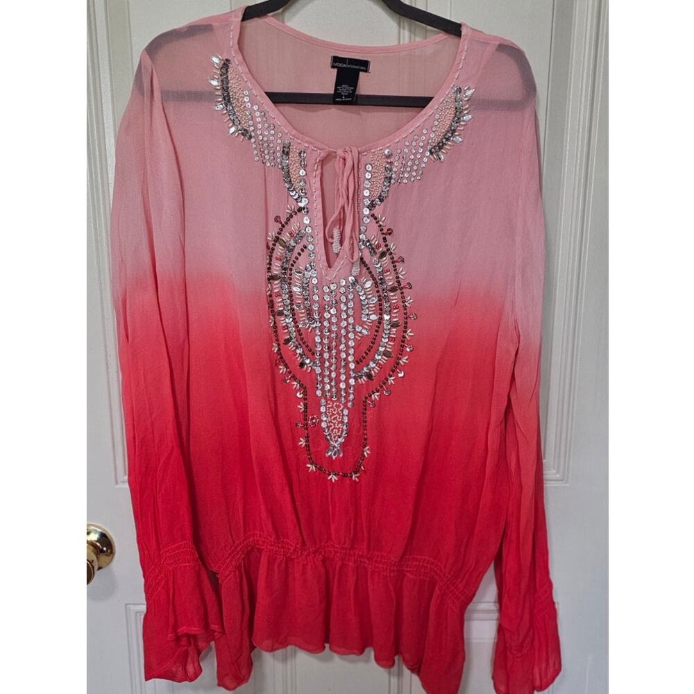 Boho Moda International Pink Ombré Sheer Blouse with Silver Beading & Sequins-Lg